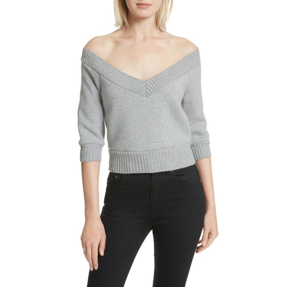 T BY ALEXANDER WANG Grey Cotton Fleece Off Shoulder V-Neck Sweatshirt, Size S